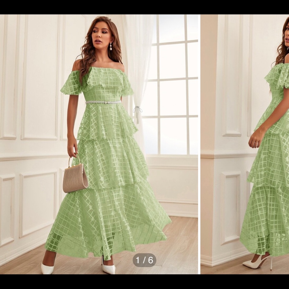Off Shoulder Ruffle Trim Layered Hem Bridesmaid Dress